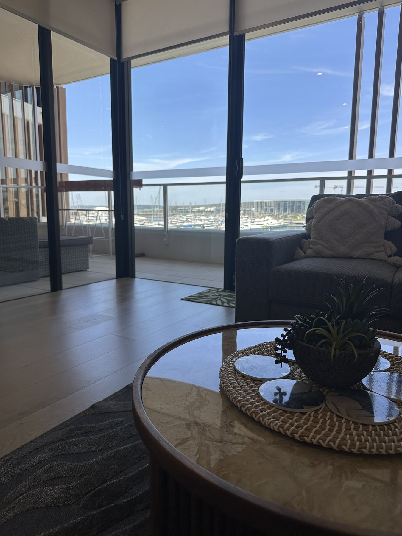 Airbnb, living area with large windows after cleaning