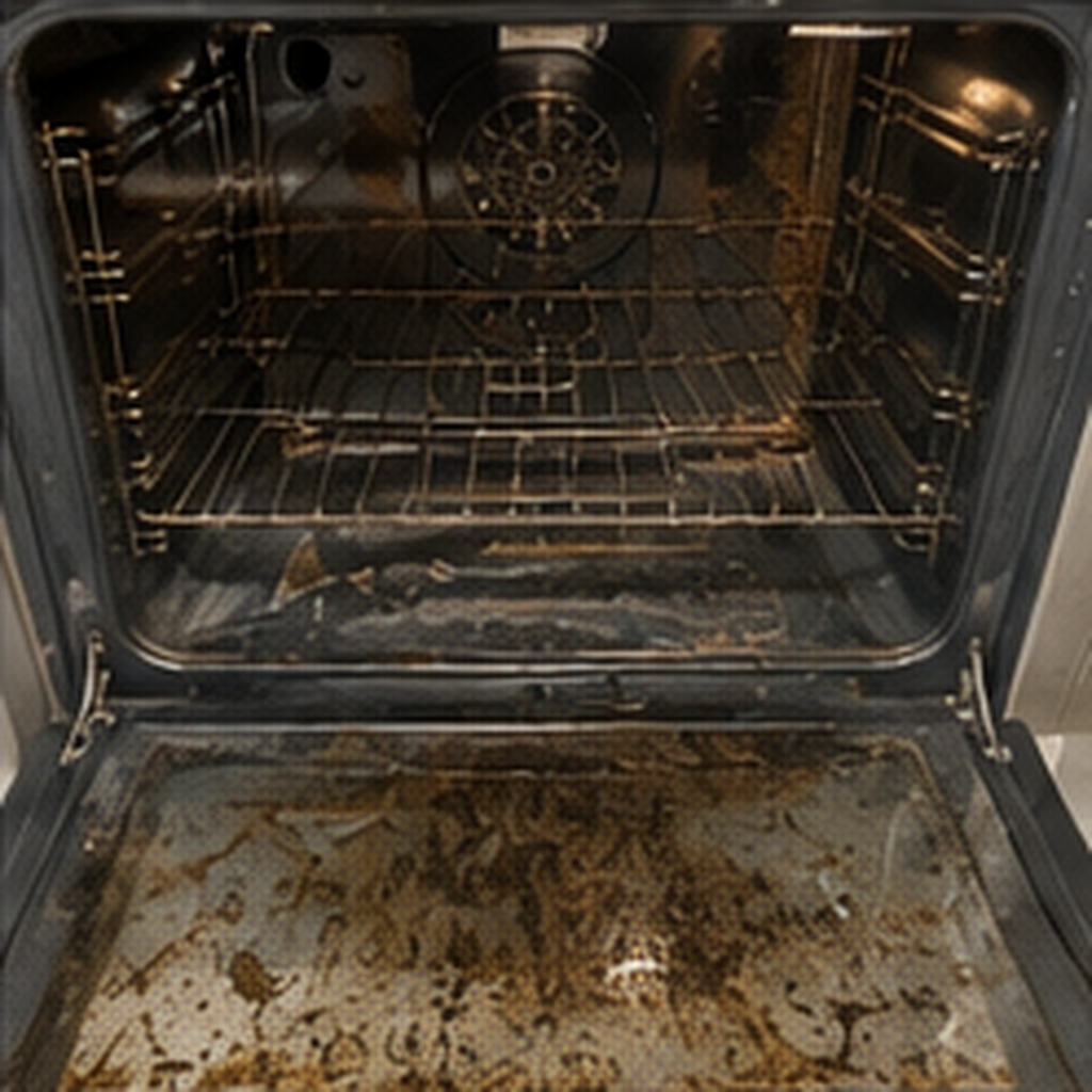 Oven interior before cleaning: baked-on grease and grime