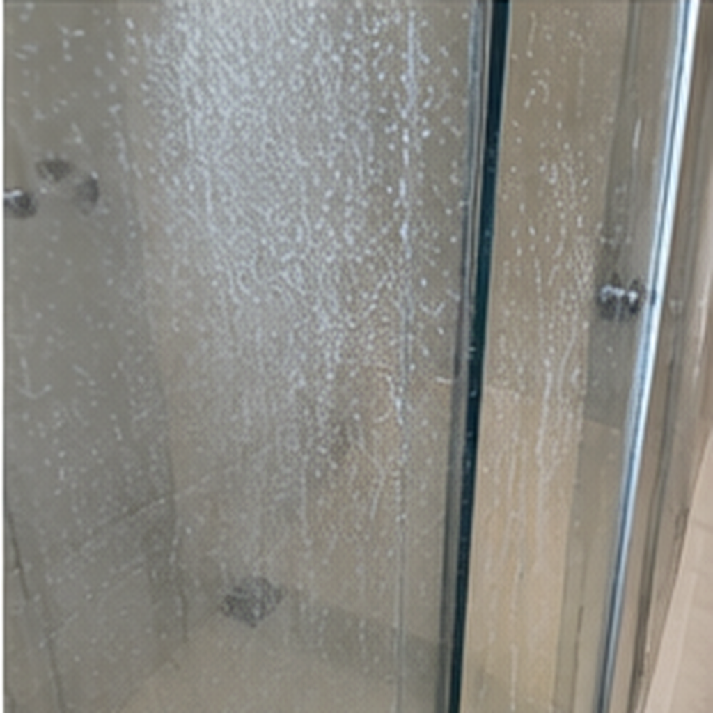 Shower glass before cleaning: soap scum and water marks